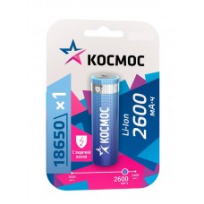 Аккумулятор Li-ion 18650 2600мА.ч с защитой (блист.1шт) КОСМОС KOC18650Li-ion26PBL1