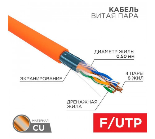 Кабель витая пара F/UTP кат.5e 4х2х24AWG solid ZH нг(А)-HF INDOOR оранжевый для надежной передачи данных в помещении
